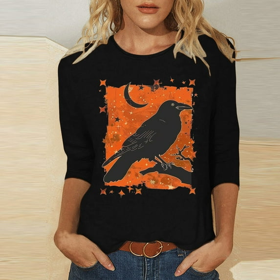 VKOYWKM Women Halloween Shirts 3/4 Sleeve Funny Graphic T Shirt Crew Neck Loose Party Tops Halloween Spooky Print Tees