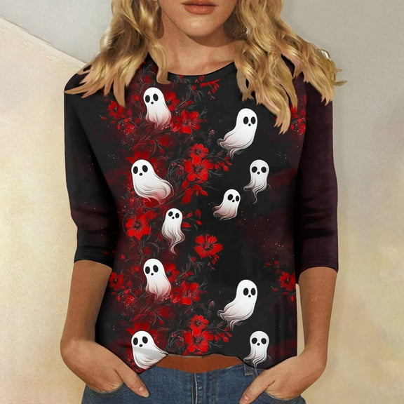 VKOYWKM Women Halloween Shirts 3/4 Sleeve Ghost Graphic T Shirts Casual Round Neck Loose Fit Vintage Top Spooky Print Tees