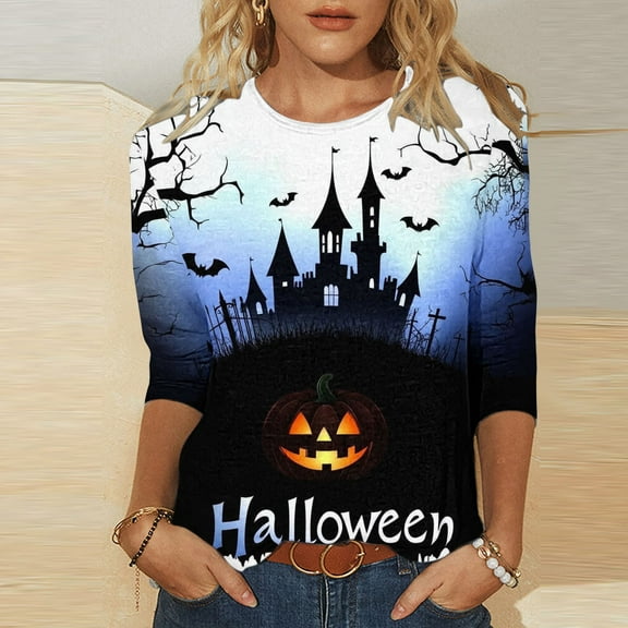 VKOYWKM Women Halloween Shirts 3/4 Sleeve Tops Halloween Castle Printed Crew Neck Pullover Tees Loose Fit Comfy Fall Tunic Tops Halloween Costumes Shirt
