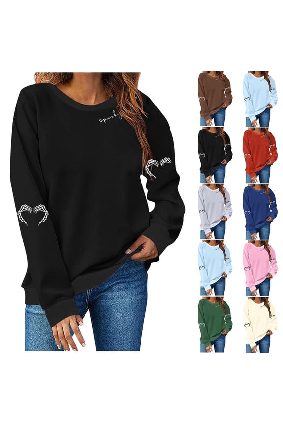 Women Halloween Sweatshirts Skeleton Graphic Sweatshirts Oversized Long Sleeve Crew Neck Pullover Tops