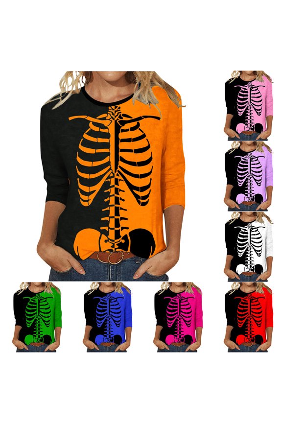 Women Halloween Tops 3/4 Sleeve Funny Skeleton Graphic Tees Fall Crew Neck Loose Fit Theme Halloween T-Shirts