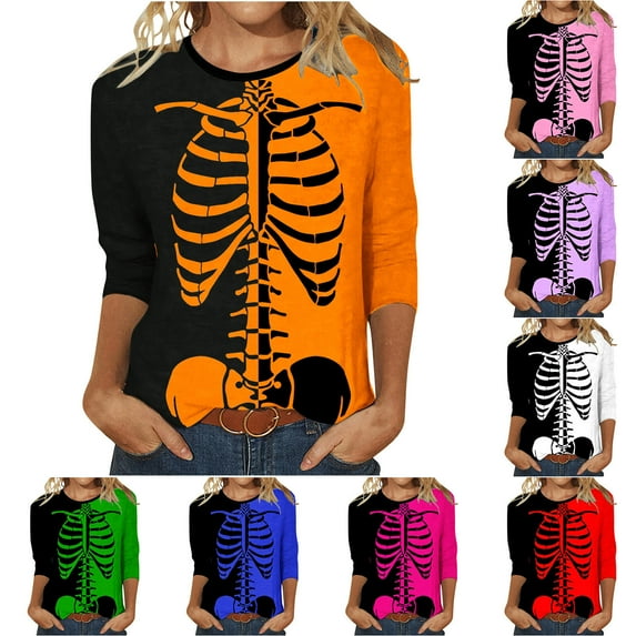 VKOYWKM Women Halloween Tops 3/4 Sleeve Funny Skeleton Graphic Tees Fall Crew Neck Loose Fit Theme Halloween T-Shirts