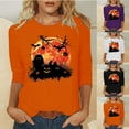 thumbnail image 1 of VKOYWKM Women Halloween Tops 3/4 Sleeve Halloween Pumpkin Bat Graphic T Shirt Crew Neck Halloween Party Tops Funny Print Tees, 1 of 6