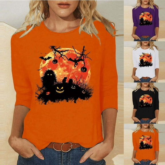 VKOYWKM Women Halloween Tops 3/4 Sleeve Halloween Pumpkin Bat Graphic T Shirt Crew Neck Halloween Party Tops Funny Print Tees