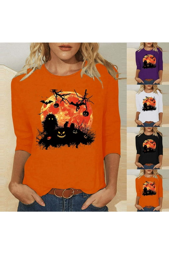 Women Halloween Tops 3/4 Sleeve Halloween Pumpkin Bat Graphic T Shirt Crew Neck Halloween Party Tops Funny Print Tees
