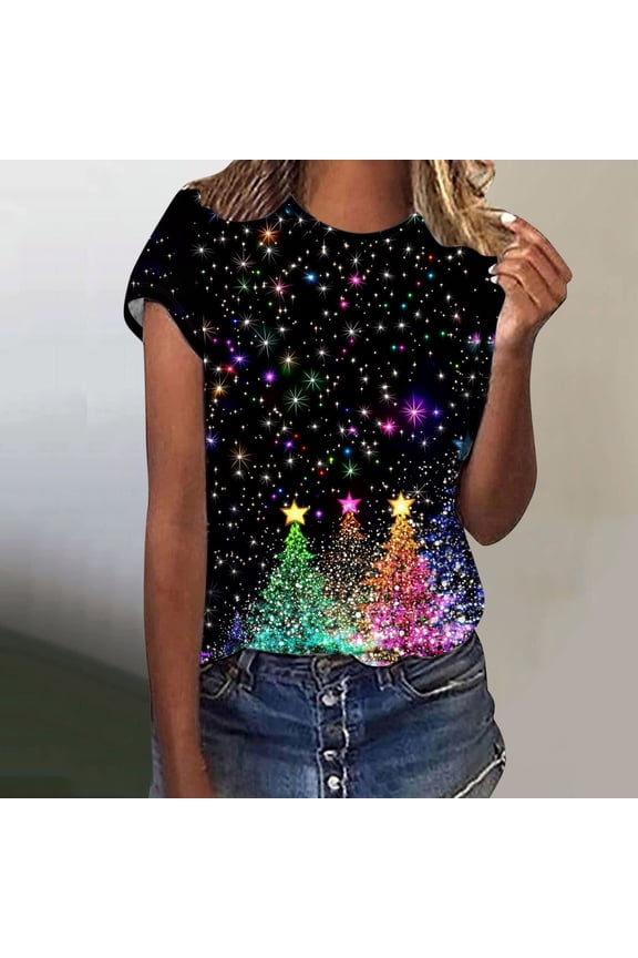 Women Merry Christmas T Shirts Christmas Tree Graphic Tees Short Sleeve Loose Fit Xmas Tshirts Vintage Crew Neck Casual Ugly Christmas Tee Tops