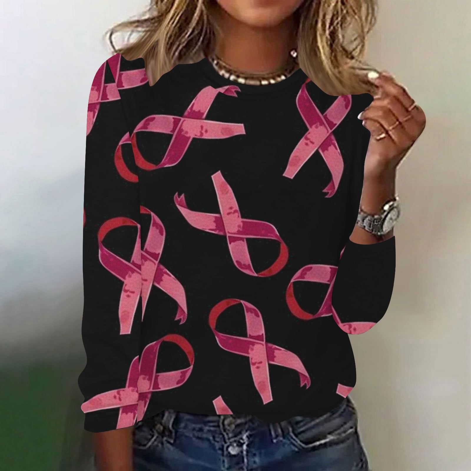 VKOYWKM Women Pink Ribbon T Shirts Breast Cancer Awareness T Shirt Long ...