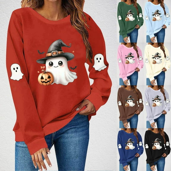 VKOYWKM Women Sweatshirt Halloween Ghost Graphic Sweatshirts Crewneck Long Sleeve Fall Sweatshirt Vintage Spooky Halloween Pullover Sweatshirts