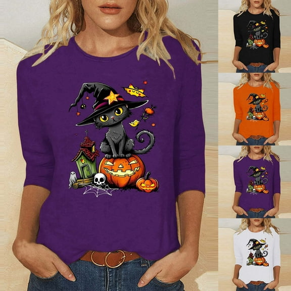 VKOYWKM Women Tops Halloween 3/4 Sleeve T-Shirts Funny Pumpkin Black Cat Graphic T Shirts Holiday Crew Neck Loose Fit Halloween Party Blouses