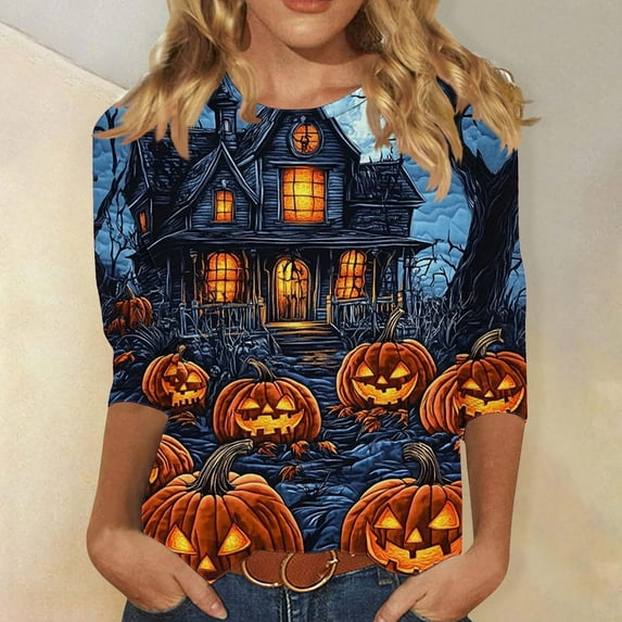 VKOYWKM Women Tops Halloween Shirts 3/4 Sleeve Halloween Pumpkin Ghost Print T Shirts Vintage Top Loose Fit Crew Neck Three Quarter Length Blouse Tunic Tops
