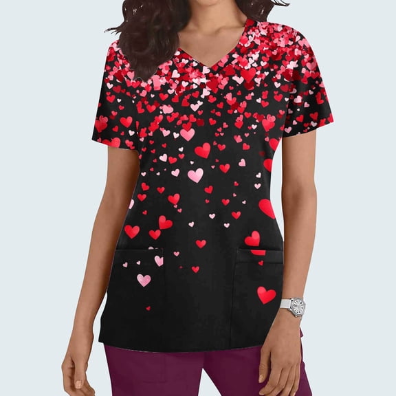 VKOYWKM Women Valentine's Day Scrub Tops Heart Graphic V Neck Nurse Uniform Short Sleeve Loose Fit Working Nurse Scrubs with Pockets
