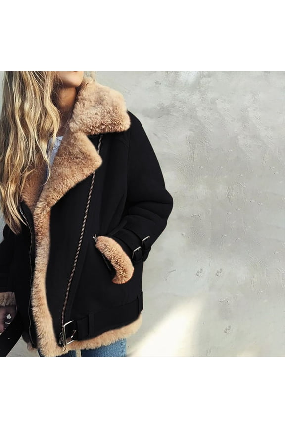 Women Winter Thicked Sherpa Lined Coat Plus Size Lapel Faux Suede Leather Biker Motor Jackets Fleece Lined Warm Jackets with Pockets