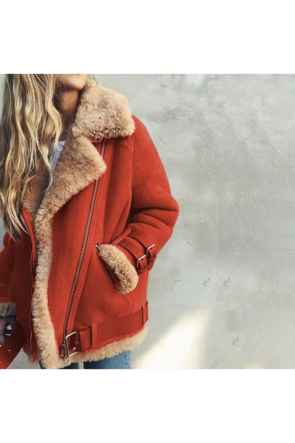 Women Winter Thicked Sherpa Lined Coat Plus Size Lapel Faux Suede Leather Biker Motor Jackets Fleece Lined Warm Jackets with Pockets