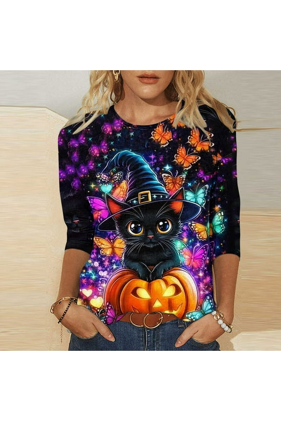 Women's 3/4 Sleeve Tops Halloween Shirts Halloween Spooky Pumpkin Black Cat Graphic T Shirts Casual Crew Neck Halloween Party Tunic Top