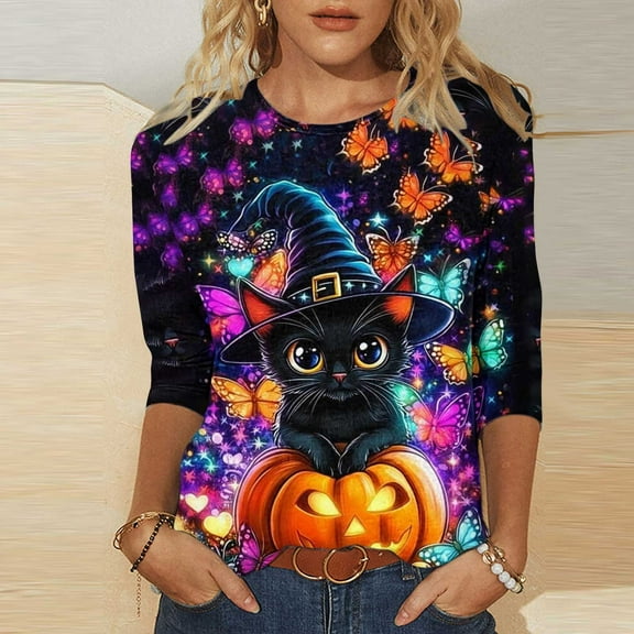 VKOYWKM Women's 3/4 Sleeve Tops Halloween Shirts Halloween Spooky Pumpkin Black Cat Graphic T Shirts Casual Crew Neck Halloween Party Tunic Top