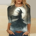 thumbnail image 1 of VKOYWKM Women's 3/4 Sleeve Tops Halloween Witch Shirts Fall Crew Neck Loose Spooky Graphic T Shirts Halloween Top, 1 of 5