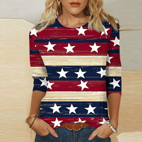 VKOYWKM Women's 4th of July Shirts American Flag Stars and Stripes Graphic T Shirts 3/4 Sleeve Casual Crew Neck Patriotic Memorial Day Tee