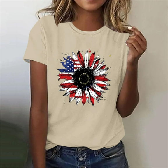 VKOYWKM Women's 4th of July Short Sleeve Tops Independence Day Star Stripe Graphic Tees Patriotic Crew Neck American Flag T Shirts Casual Womens Top