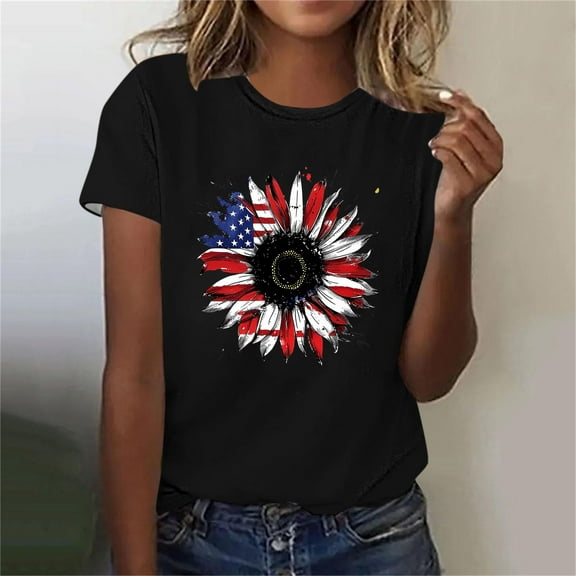 VKOYWKM Women's 4th of July Short Sleeve Tops Independence Day Star Stripe Graphic Tees Patriotic Crew Neck American Flag T Shirts Casual Womens Top