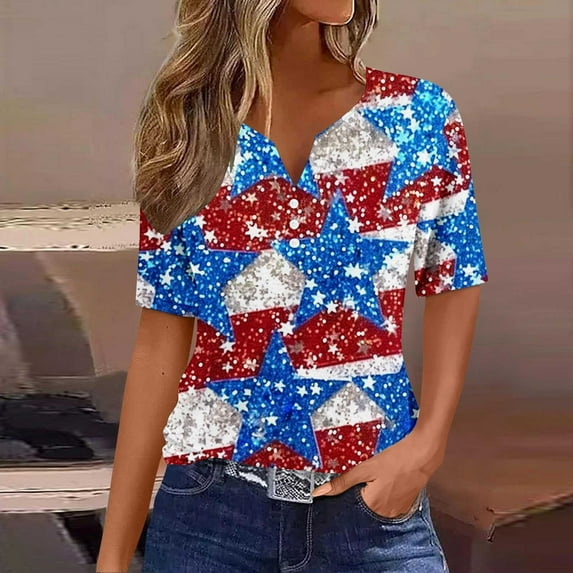 VKOYWKM Women's 4th of July T Shirts American Flag Henley Shirts USA Patriotic Independence Day Tops Button V Neck Short Sleeve T-Shirts
