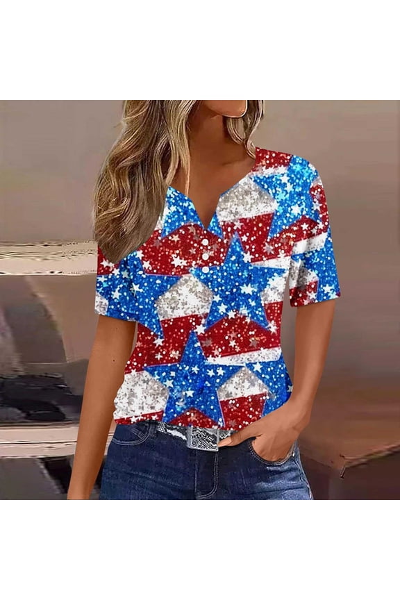 Women's 4th of July T Shirts American Flag Henley Shirts USA Patriotic Independence Day Tops Button V Neck Short Sleeve T-Shirts