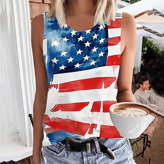 VKOYWKM Women's American Flag Tank Tops July 4th Sleeveless Shirt Summer Tops Patriotic Crew Neck Star Stripe Graphic Tanks