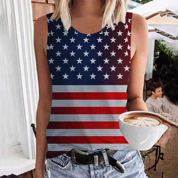VKOYWKM Women's American Flag Tank Tops Sleeveless Patriotic Shirts Stars and Stripes Graphic Crew Neck Vest Top