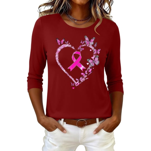 VKOYWKM Women's Breast Cancer Awareness Shirt 3/4 Sleeve Pink Ribbon Graphic Crewneck Soft Casual Support Top