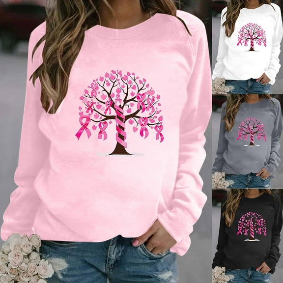 VKOYWKM Women's Breast Cancer T-Shirts Breast Cancer Awareness T-Shirt Long Sleeve Pink Ribbon Graphic Tee Tops Fall Crew Neck Loose Fit Breast Cancer Pullover Sweashirt