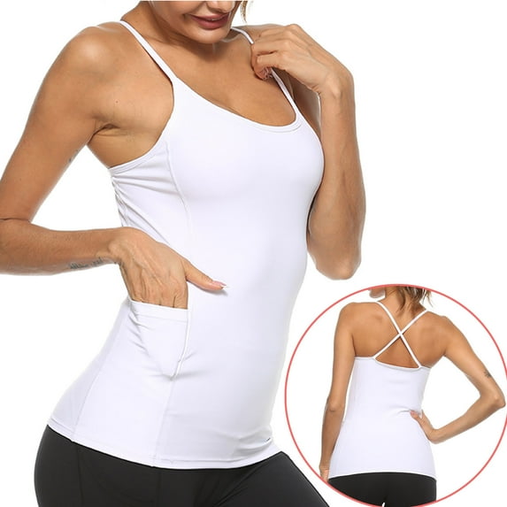 VKOYWKM Women's Camisole Tank Tops Solid Color Athletic Racerback Cami Tops Yoga Straps Sleeveless Camisole Tops with Side Pockets