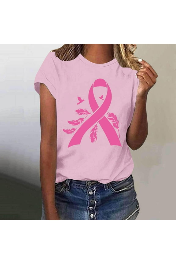 Women's Cancer Shirts Breast Cancer Awareness T-Shirt Pink Ribbon Print Inspirational Tops Short Sleeve Crew Neck Breast Cancer Tshirts