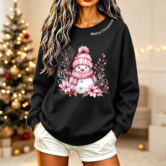 VKOYWKM Women's Christmas Sweatshirts Merry Christmas Snowman Graphic Pullover Cute Crewneck Oversized Sweatshirts Xmas Holiday