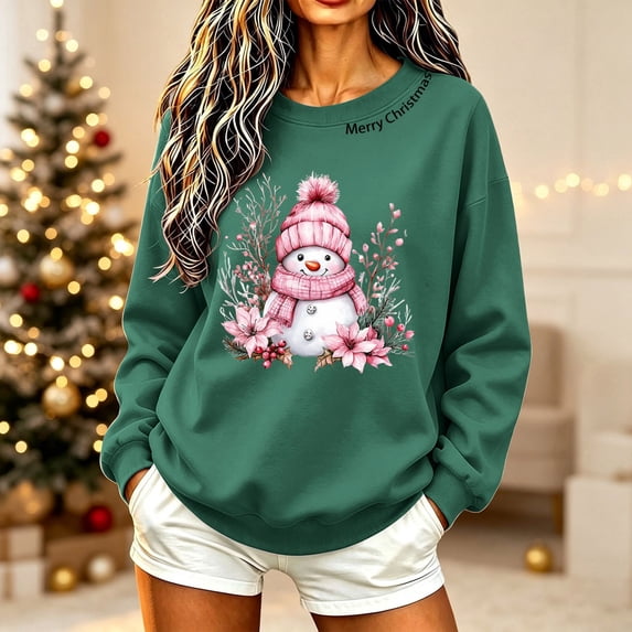 VKOYWKM Women's Christmas Sweatshirts Merry Christmas Snowman Graphic Pullover Cute Crewneck Oversized Sweatshirts Xmas Holiday