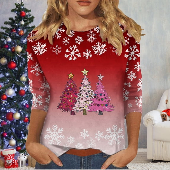 VKOYWKM Women's Christmas Tops 3/4 Sleeve Tops Holiday Crew Neck Merry Xmas Tree Print T-Shirts Three Quarter Length Loose Fit Fall Blouses