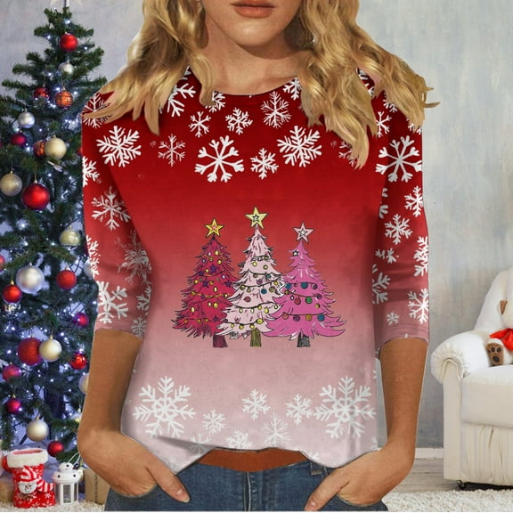 VKOYWKM Women's Christmas Tops 3/4 Sleeve Tops Holiday Crew Neck Merry Xmas Tree Print T-Shirts Three Quarter Length Loose Fit Fall Blouses