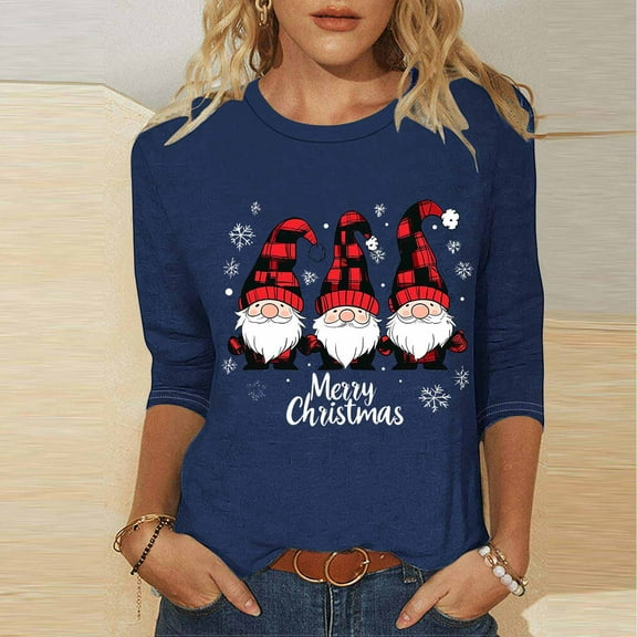 VKOYWKM Women's Christmas Tops Christmas Graphic Tees Crew Neck Loose Fit 3/4 Sleeve Tops Holiday Family Party Blouses