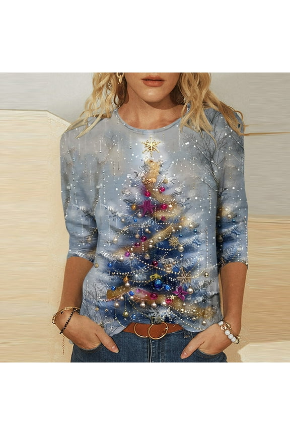 Women's Christmas Tree Print Shirts 3/4 Length Sleeve Women Tops Cute Chrismas Tree Graphic Tees Holiday Crew Neck Xmas T-Shirts Fall Tunic Top