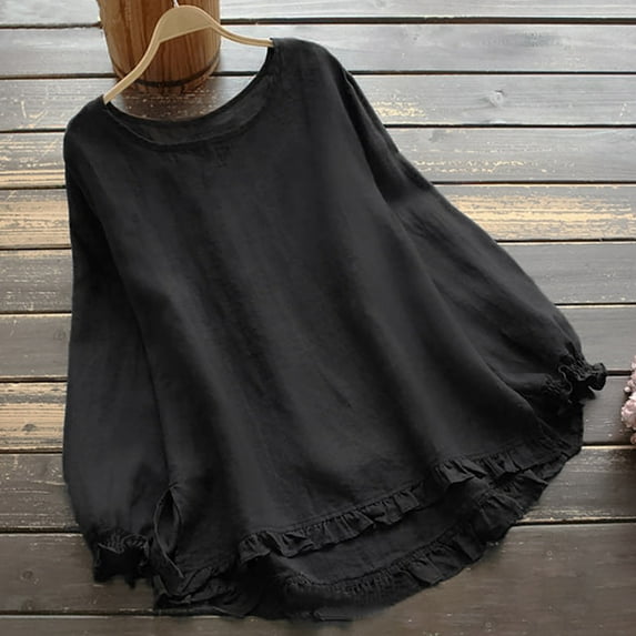 VKOYWKM Women's Cotton Linen Shirts Spring Summer Crew Neck Boho Top Vintage Solid Color Ruffle Trim Blouses Loose Casual Long Sleeve Tee Tops