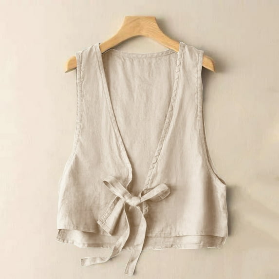 VKOYWKM Women's Cotton Linen Vest Casual Sleeveless Jacket Tie Front Blazer Waistcoat Lightweight Summer Vest Solid Color Vest Jackets