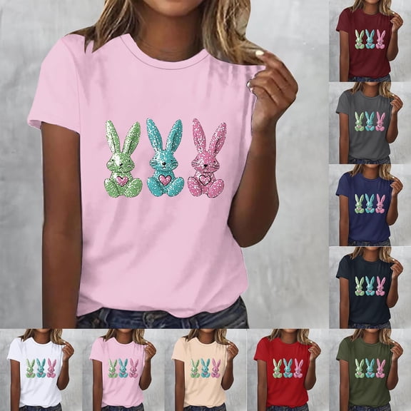 VKOYWKM Women's Easter Eggs T Shirts Short Sleeve Summer T-Shirts Cute Bunny Rabbit Graphic Tees Tops Holiday Crew Neck Loose Fit Bunny T-Shirts