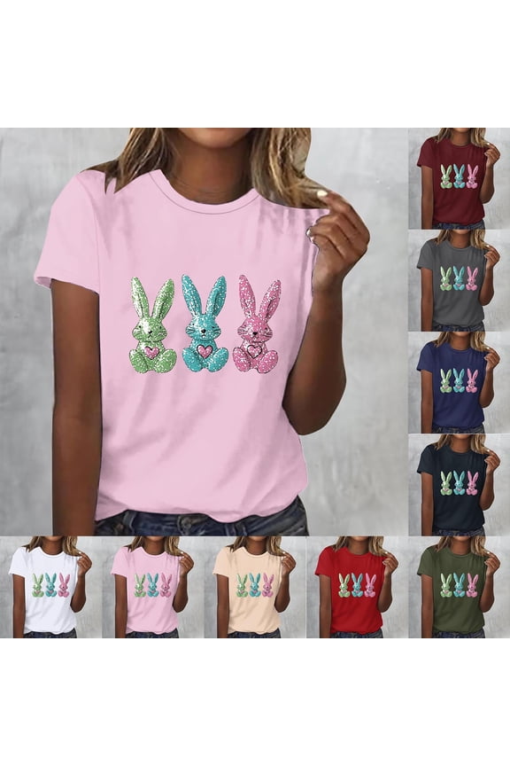Women's Easter Eggs T Shirts Short Sleeve Summer T-Shirts Cute Bunny Rabbit Graphic Tees Tops Holiday Crew Neck Loose Fit Bunny T-Shirts