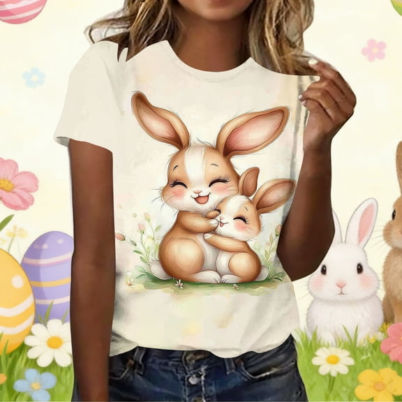 VKOYWKM Women's Easter Eggs T-Shirts Summer Tops Bunny Rabbit Graphic Tees Short Sleeve Cute T Shirts Holiday Crew Neck Loose Fit Easter Shirt
