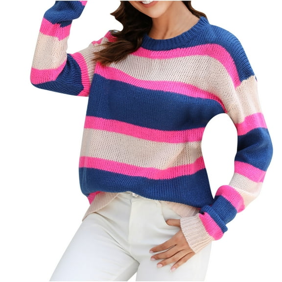 VKOYWKM Women's Fall Sweater 2025 Long Sleeve Striped Color Block Sweater Round Neck Pullover Knit Tops Cute Casual Lightweight Sweaters