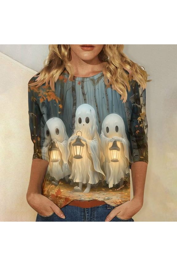 Women's Ghost T-Shirts Halloween 3/4 Length Sleeve Women Tops Halloween Spooky Print Crew Neck Pullover Tees Loose Fit Comfy Fall Tunic Tops Halloween Costumes