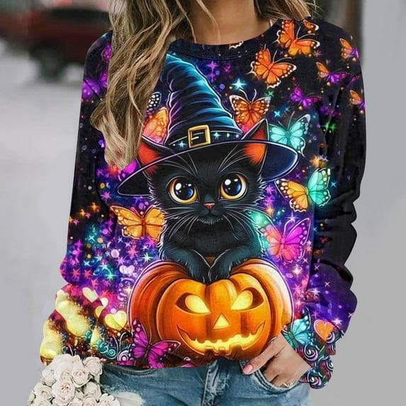 VKOYWKM Women's Halloween Graphic Sweatshirt Pumpkin Black Cat Graphic Sweatshirts Crew Neck Pullover Long Sleeve Party Halloween Sweatshirts