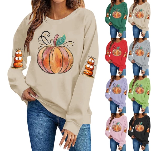 VKOYWKM Women's Halloween Sweatshirt Pumpkin Print Casual Long Sleeve Crewneck Sweatshirts Spooky Season Pullover Tops