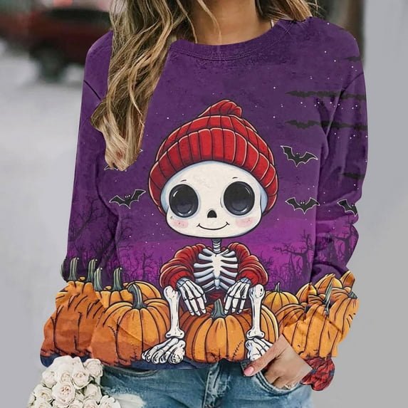 VKOYWKM Women's Halloween Sweatshirts Skeleton Graphic Sweatshirts Crewneck Long Sleeve Fall Sweatshirt Cute Spooky Halloween Pullover Sweatshirts