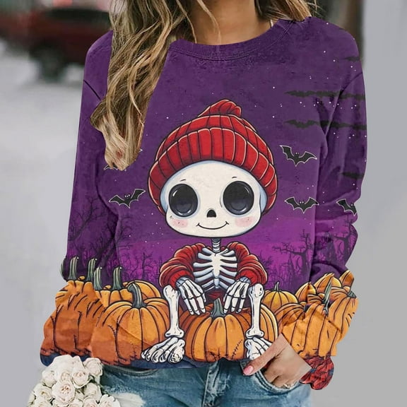 VKOYWKM Women's Halloween Sweatshirts Skeleton Graphic Sweatshirts Crewneck Long Sleeve Fall Sweatshirt Cute Spooky Halloween Pullover Sweatshirts