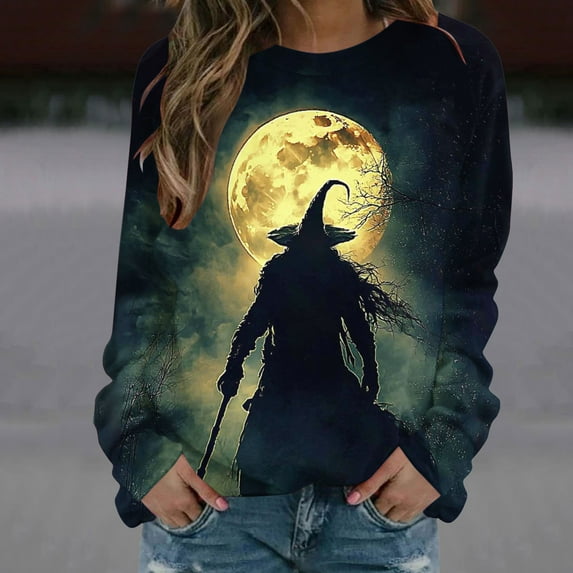 VKOYWKM Women's Halloween Sweatshirts Witch Graphic Sweatshirt Crewneck Long Sleeve Fall Pullover Party Tops Matching Family Halloween Sweatshirts