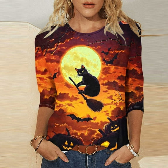 VKOYWKM Women's Halloween T-Shirts 3/4 Sleeve Funny Witch Graphic Tees Fall Crew Neck Loose Fit Vintage Halloween T-Shirts Shirts